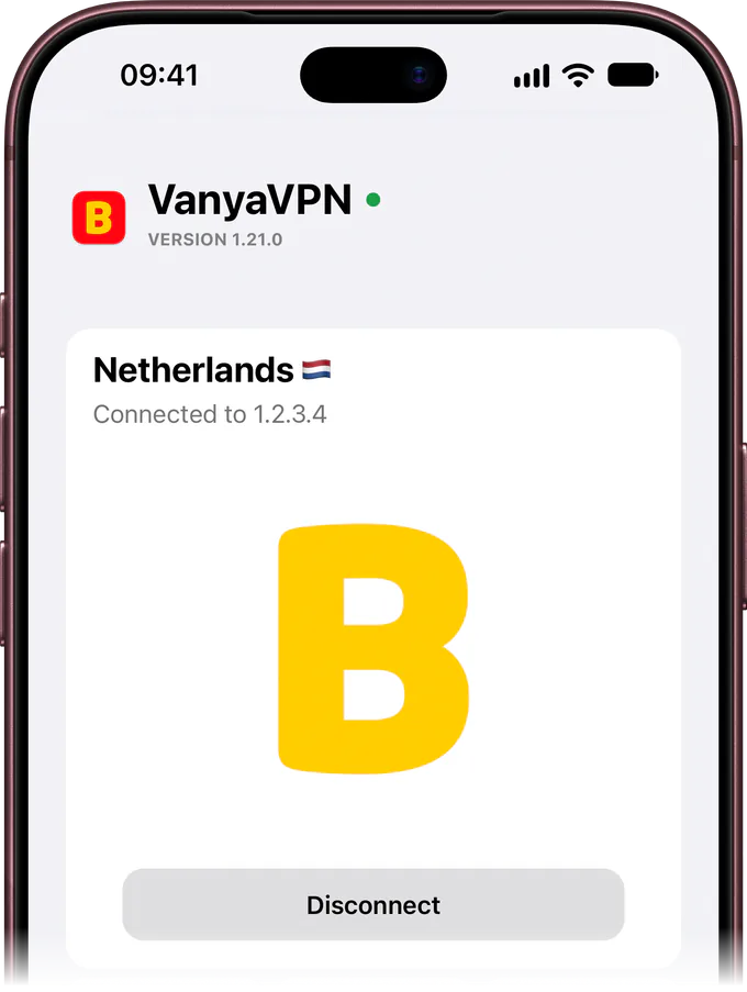 VanyaVPN on an iPhone, connected to the Netherlands
