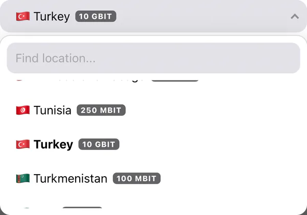 Change Location window: the country list is open on Turkey