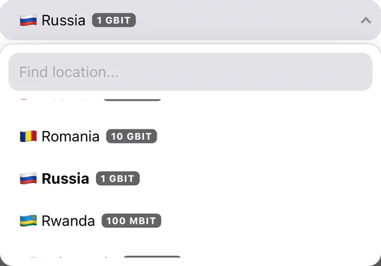 Change Location window: the country list is open on Russia