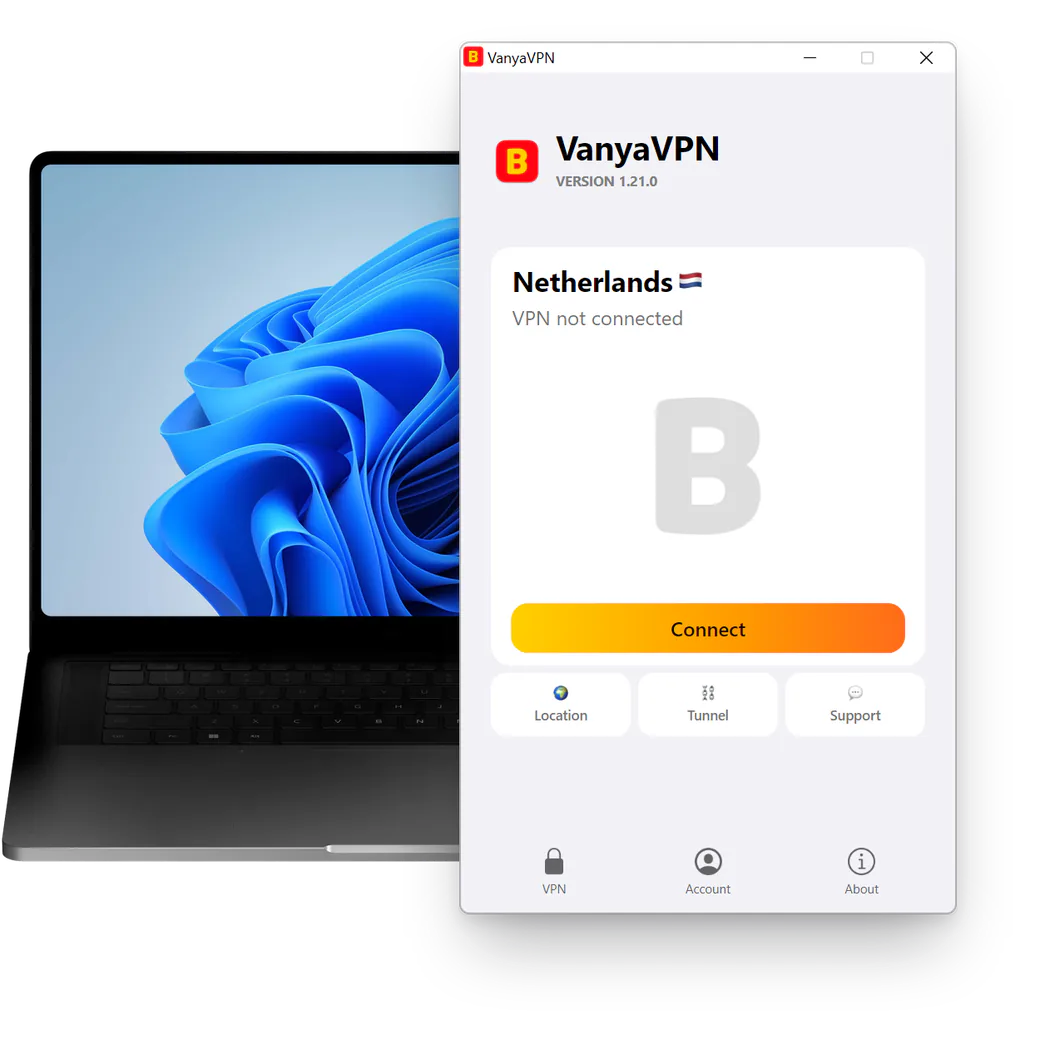 VanyaVPN window on Windows with the Netherlands selected and the VPN not yet connected